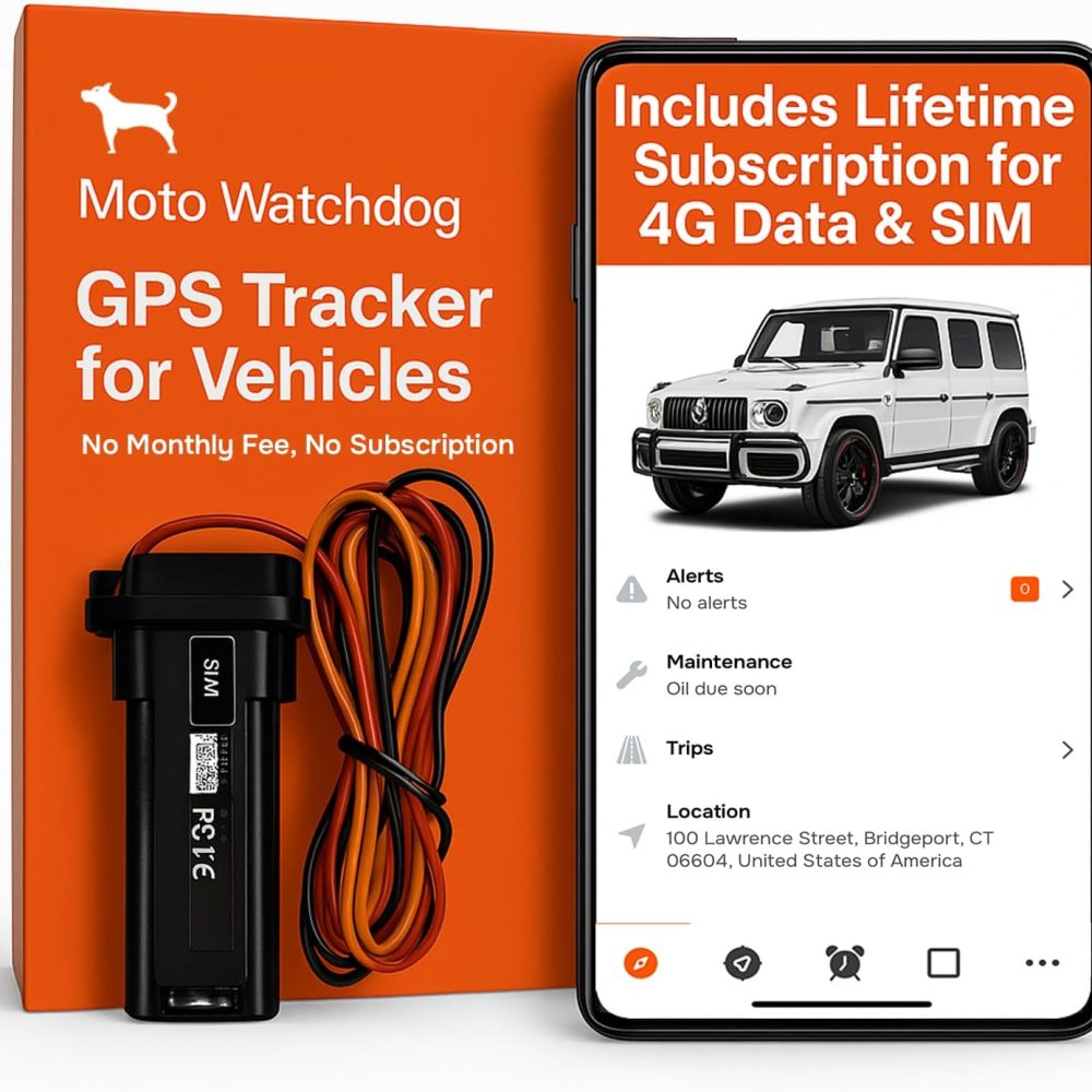 Wired GPS Tracker for Vehicles, No Monthly Fee, No Subscription, 4G SIM and Data Included, Business Fleets, Quick Install, Speeding Alerts, Mileage Tracking, Trip History, USA Developed, Moto Watchdog
